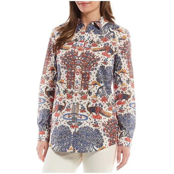 J McLaughlin Lois Blue Orange Floral Peacock Print Long Sleeve Buttoned Shirt - Picture 1 of 9